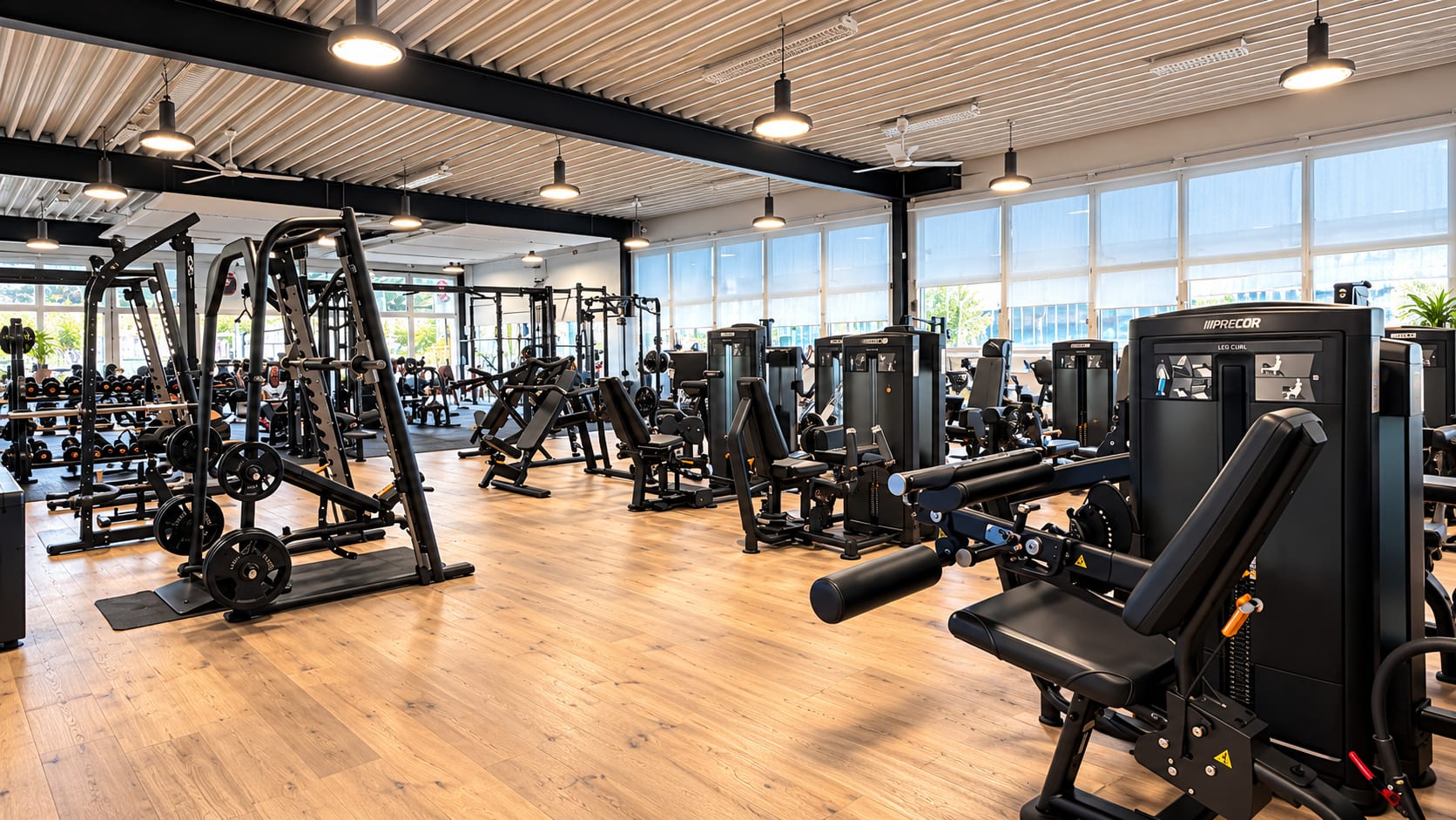 Trainingsfläche der Halle 41 mit Kraftgeräten und Racks