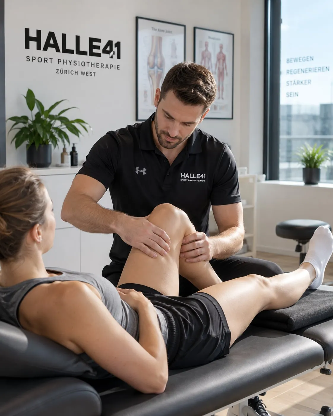 Physiotherapeut behandelt das Knie einer Patientin im Behandlungsraum der Halle 41 Zürich West