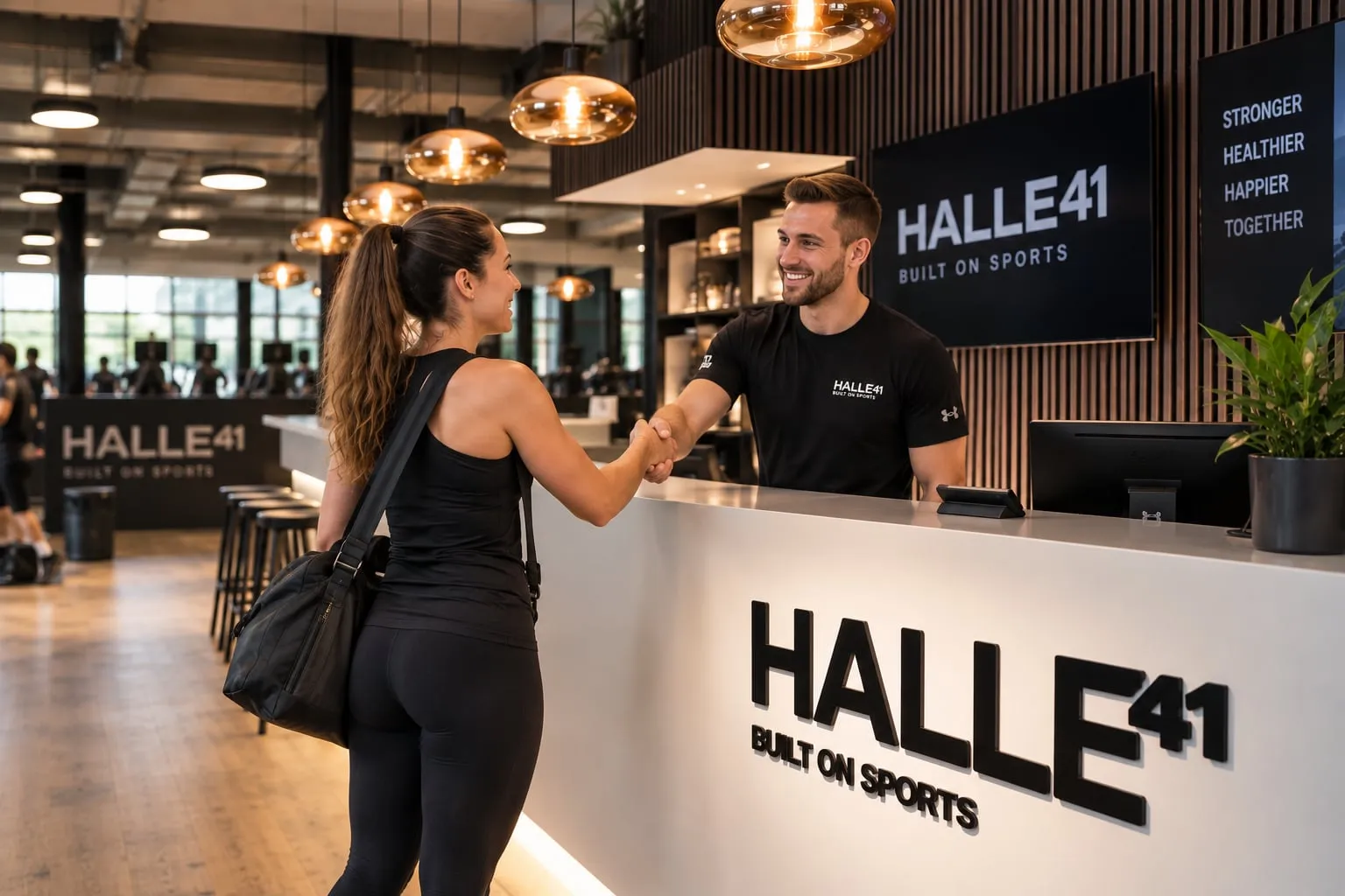 Trainer begrüsst eine neue Besucherin an der Rezeption der Halle 41